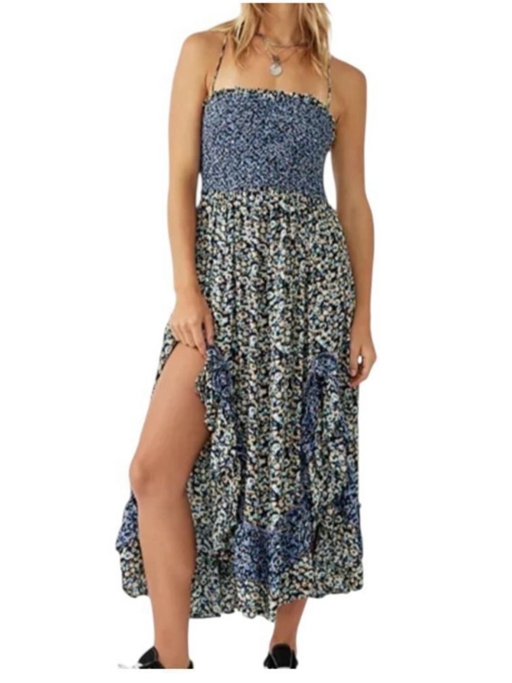 Free People Cream and Blue Floral Smocked Midi Dress